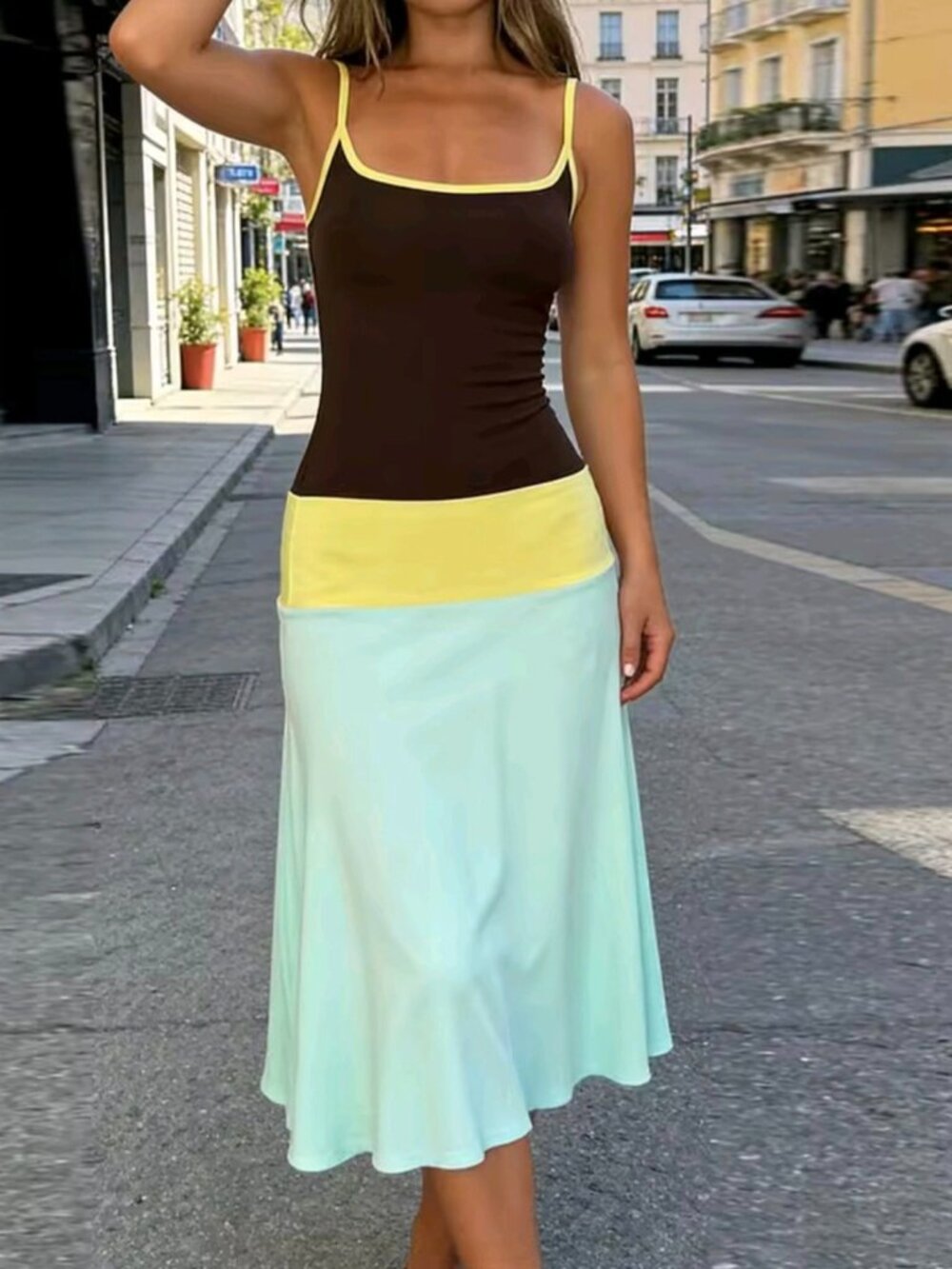Women's Spaghetti Strap Tank Dress Contrast Color Sleeveless A-line Dress